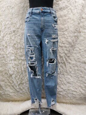 American Eagle Womens Blue Ripped Jeans Super High-Rise Distressed Jegging 18